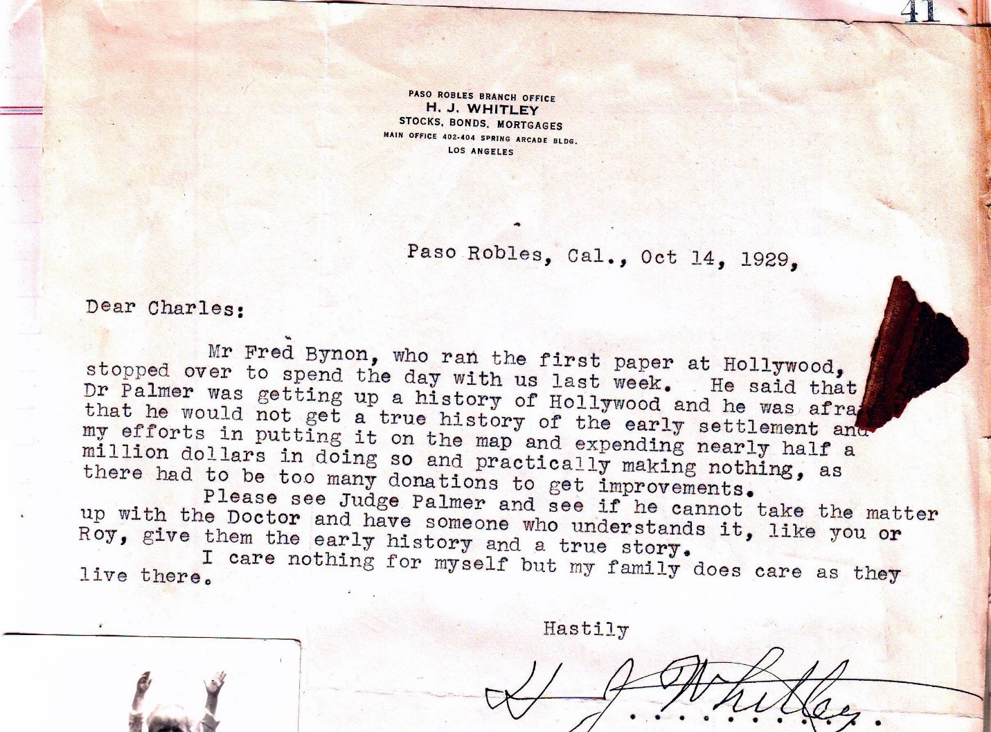 H.J. Whitley Letter - Hollywood History Wrong 1929